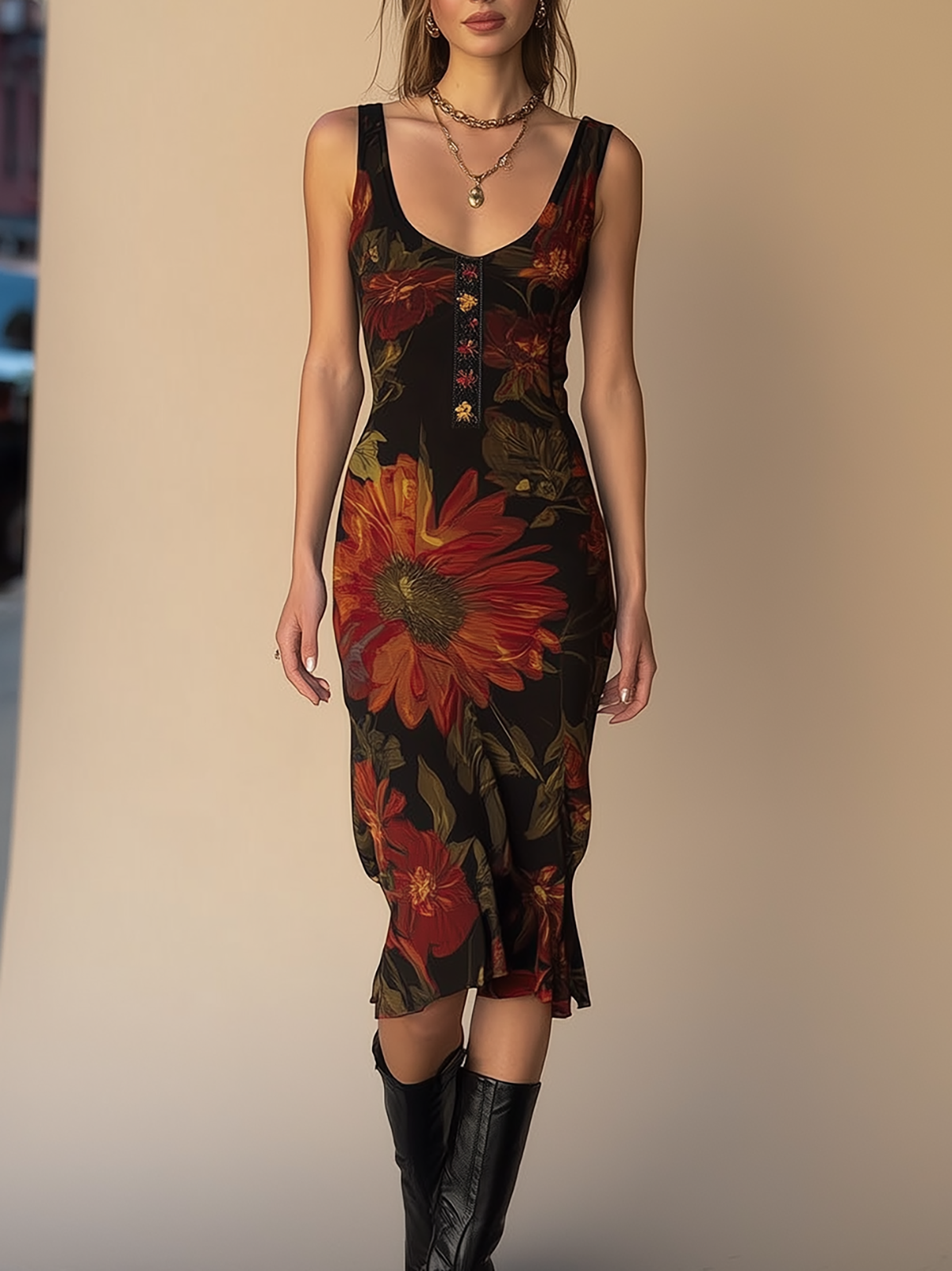 Radivelle Vintage Floral Print Sleeveless Scoop Neck Midi Dress