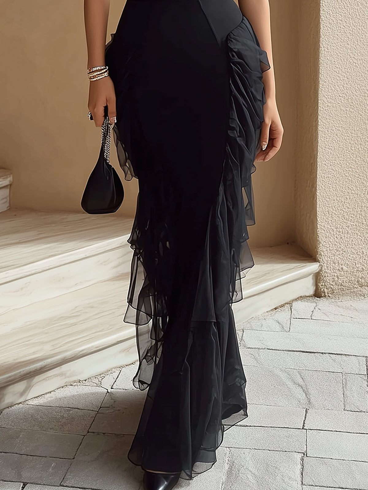 Radivelle Black Halter Neck Keyhole Ruffle Trim Maxi Dress
