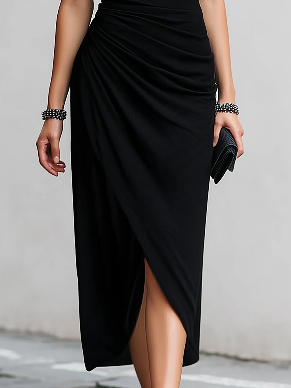 Radivelle Black Cutout Mock Neck Ruched Slit Midi Dress