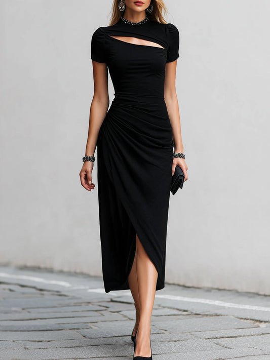 Radivelle Black Cutout Mock Neck Ruched Slit Midi Dress