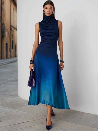 Radivelle Ombre Blue Satin Cowl Neck Maxi Dress