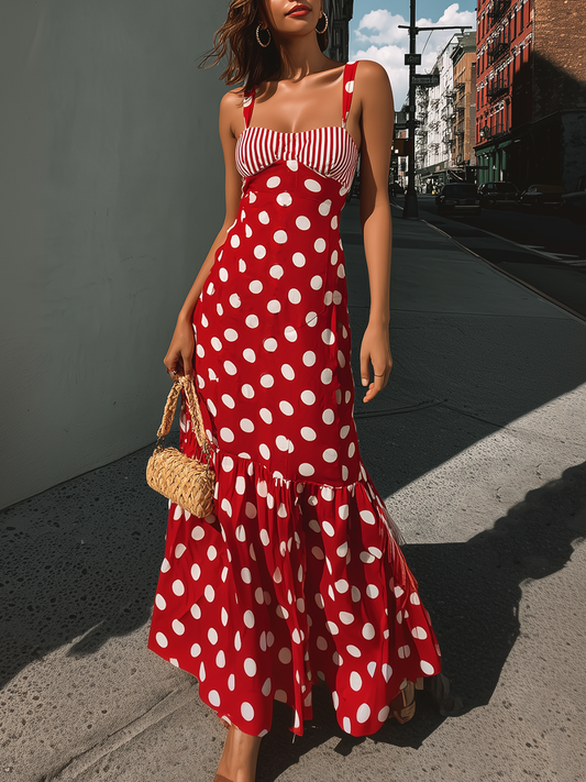 Radivelle Red Polka Dot Striped Bust Detail Maxi Dress