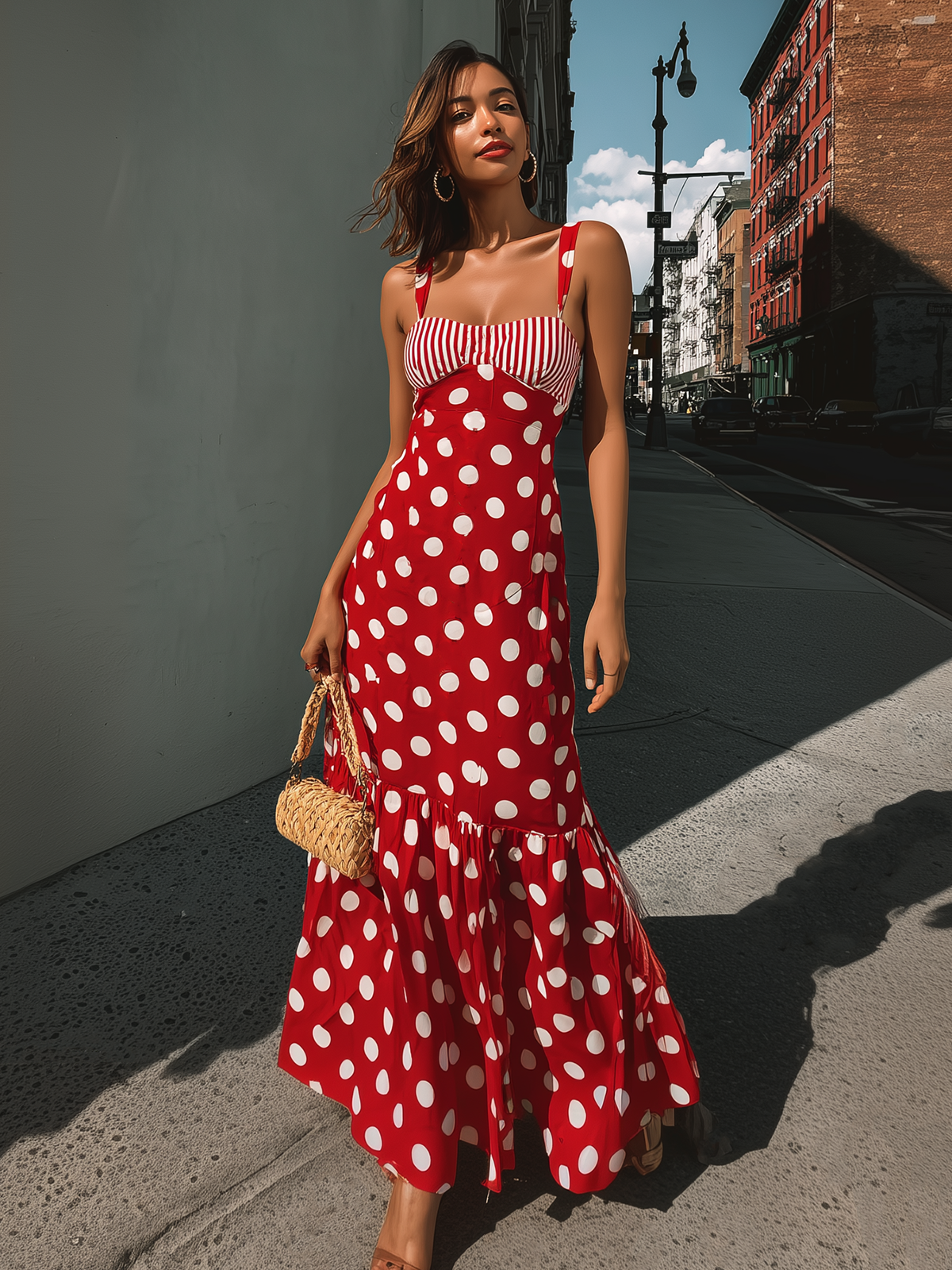 Radivelle Red Polka Dot Striped Bust Detail Maxi Dress