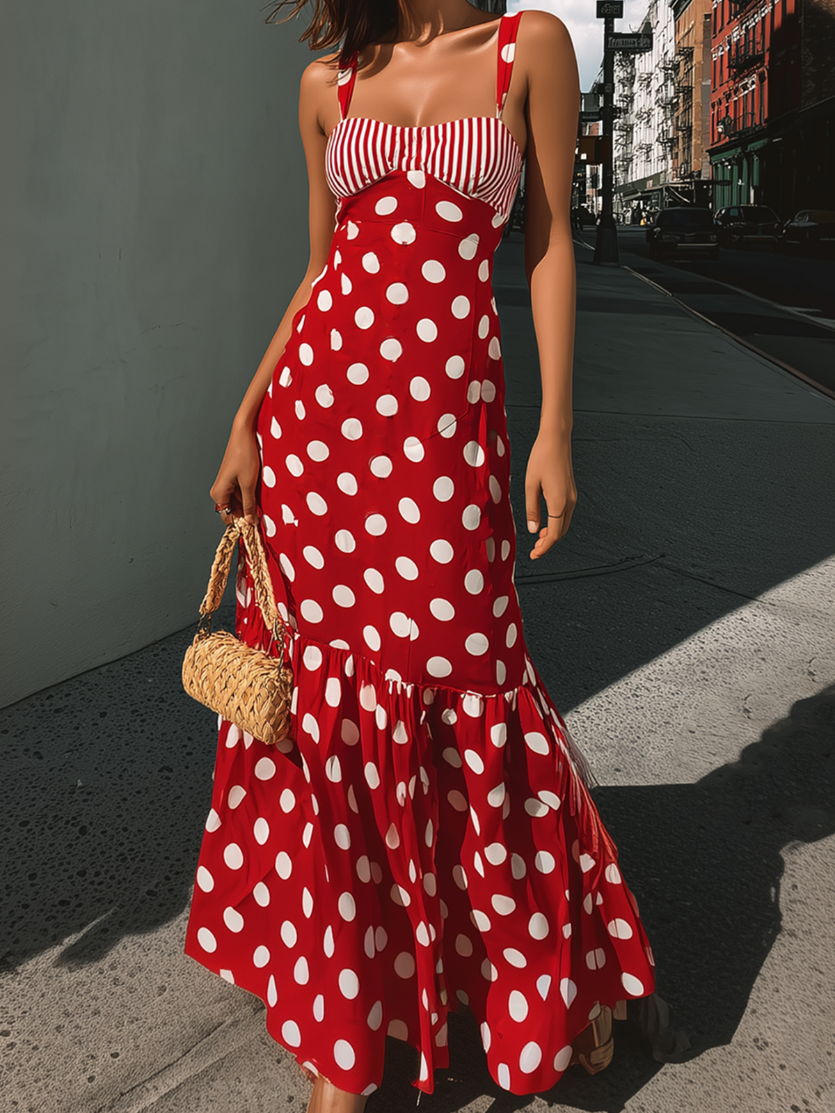 Radivelle Red Polka Dot Striped Bust Detail Maxi Dress