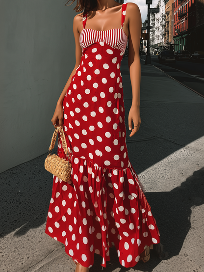 Radivelle Red Polka Dot Striped Bust Detail Maxi Dress