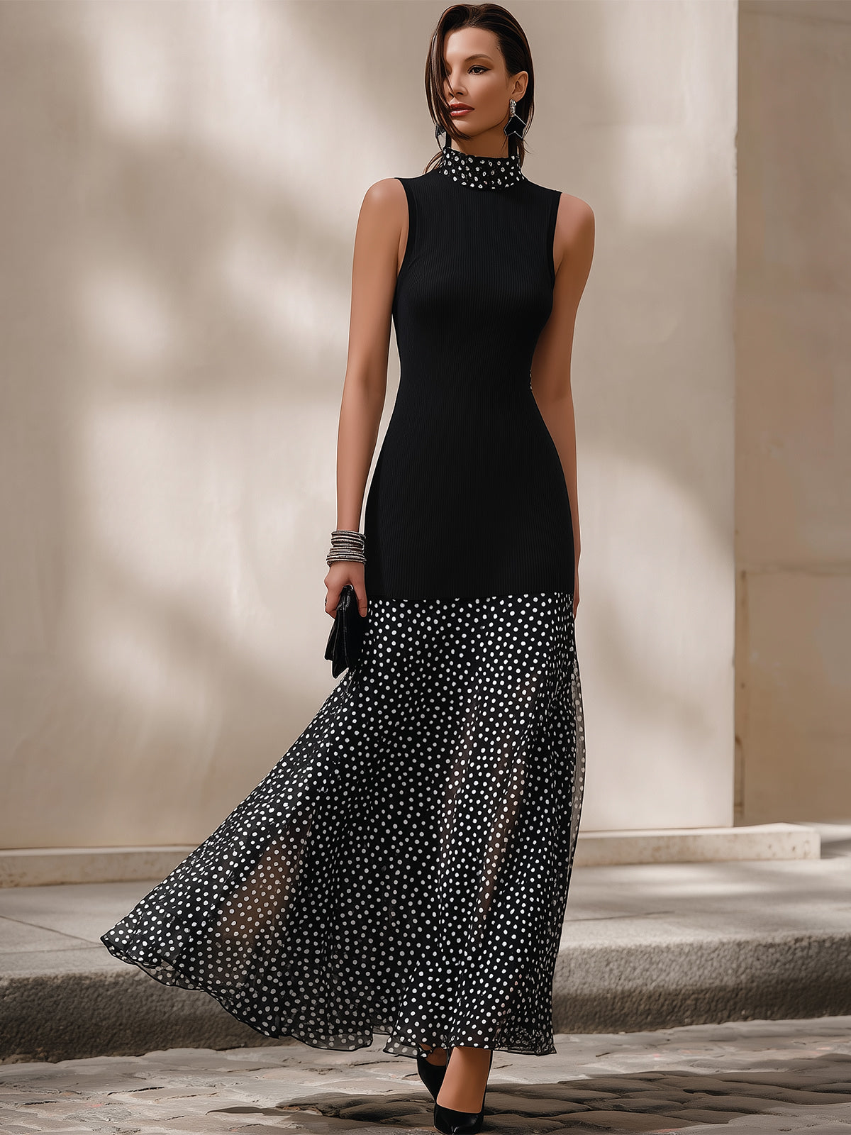Radivelle Black High Neck Ribbed Knit Polka Dot Maxi Dress