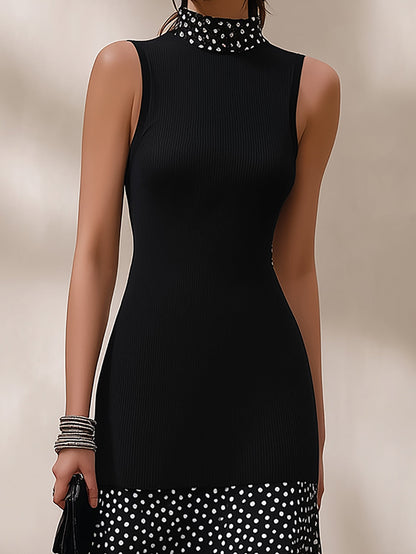 Radivelle Black High Neck Ribbed Knit Polka Dot Maxi Dress