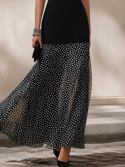 Radivelle Black High Neck Ribbed Knit Polka Dot Maxi Dress