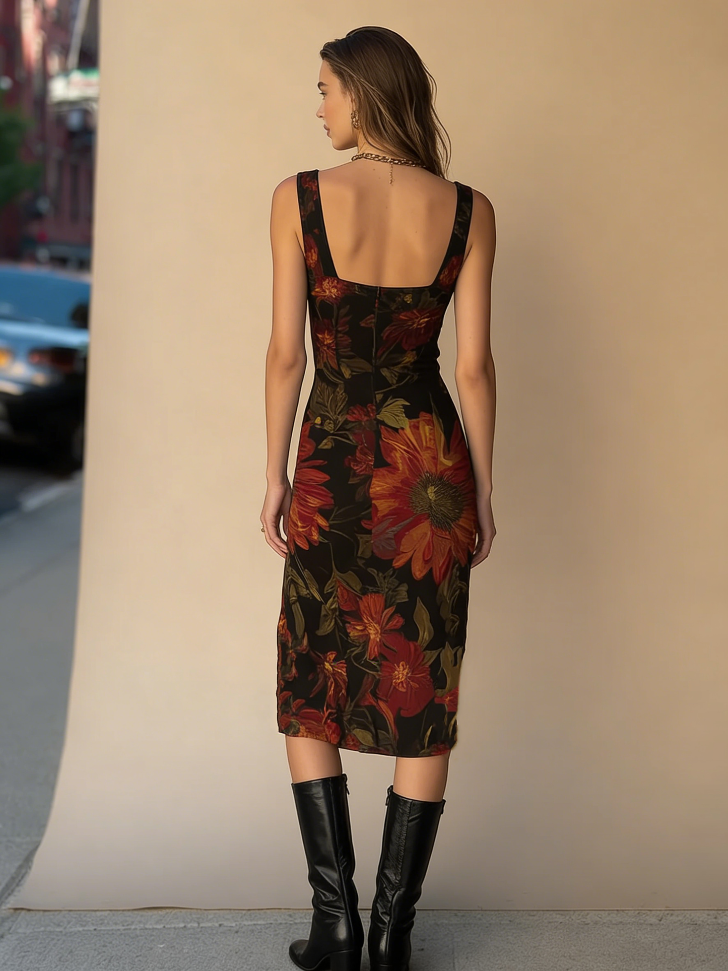 Radivelle Vintage Floral Print Sleeveless Scoop Neck Midi Dress