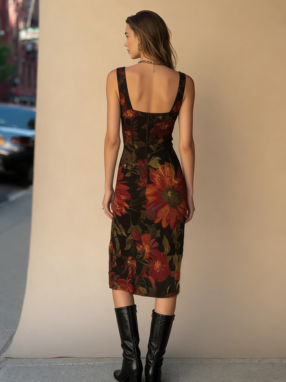 Radivelle Vintage Floral Print Sleeveless Scoop Neck Midi Dress