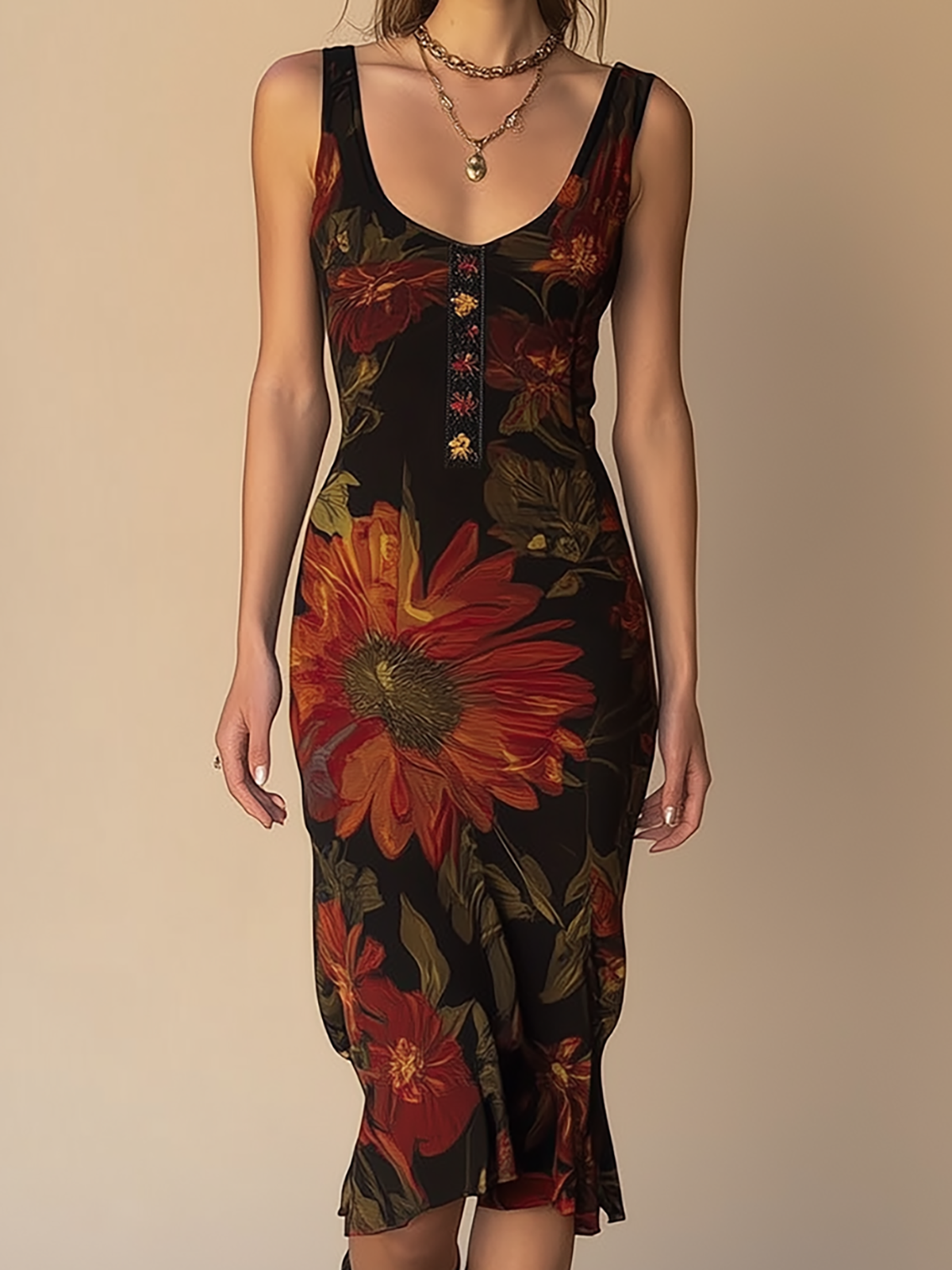 Radivelle Vintage Floral Print Sleeveless Scoop Neck Midi Dress