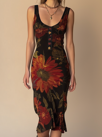 Radivelle Vintage Floral Print Sleeveless Scoop Neck Midi Dress