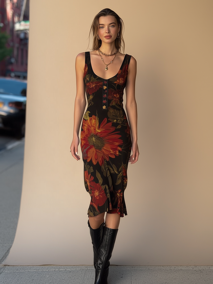 Radivelle Vintage Floral Print Sleeveless Scoop Neck Midi Dress